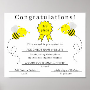3rd Place Spelling Bee Certificate for Kids Poster