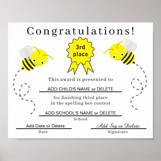3rd Place Spelling Bee Certificate for Kids Poster (Front)