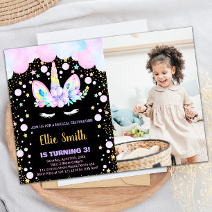 3rd Purple Unicorn Birthday Invitations with photo
