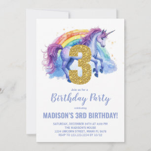 3rd Rainbow Unicorn Birthday Invitations