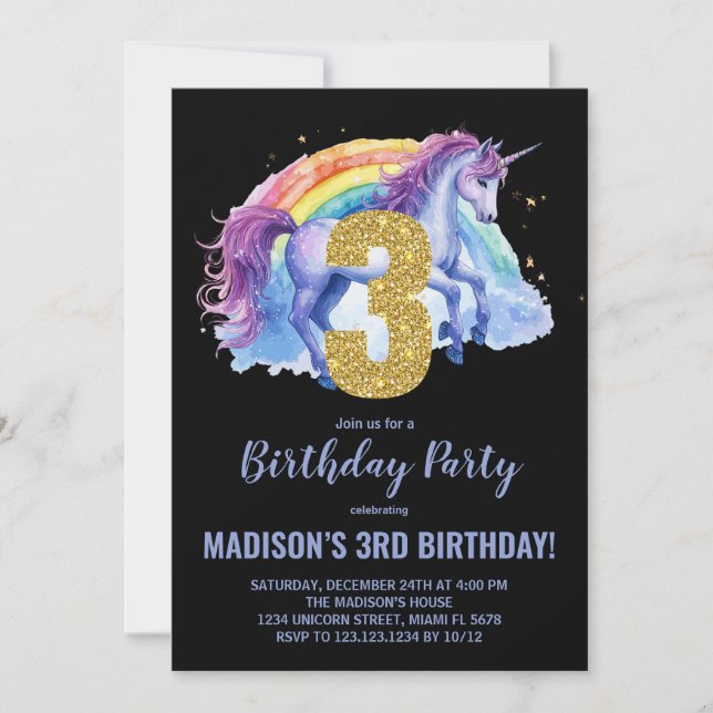 3rd Rainbow Unicorn Birthday Invitations (Front)