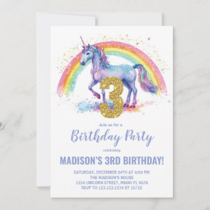 3rd Rainbow Unicorn Birthday Invitations