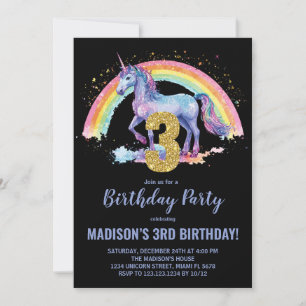 3rd Rainbow Unicorn Birthday Invitations