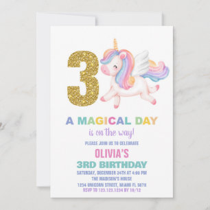 3rd Rainbow Unicorn Birthday Invitations