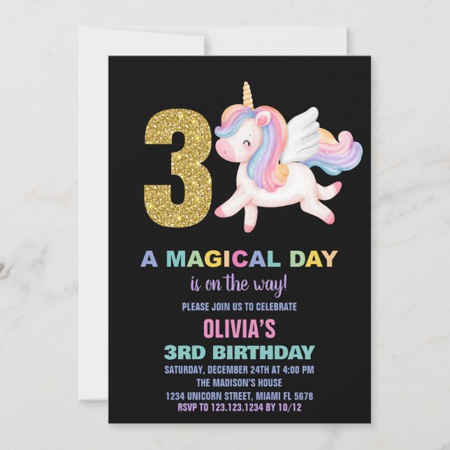 3rd Rainbow Unicorn Birthday Invitations Black (Front)