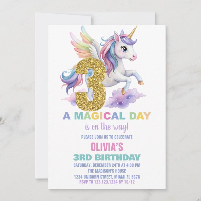 3rd Rainbow Unicorn Birthday Invitations Fly (Front)