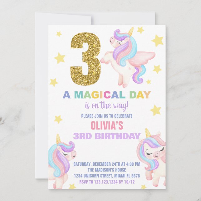 3rd Rainbow Unicorn Birthday Invitations Fly (Front)