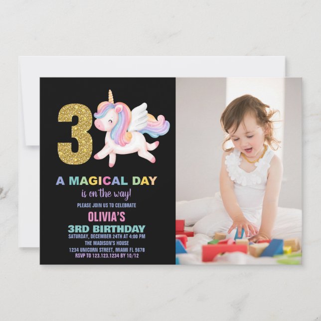 3rd Rainbow Unicorn Birthday Invitations photo (Front)