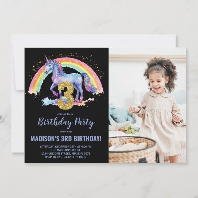3rd Rainbow Unicorn Birthday Invitations photo (Front)