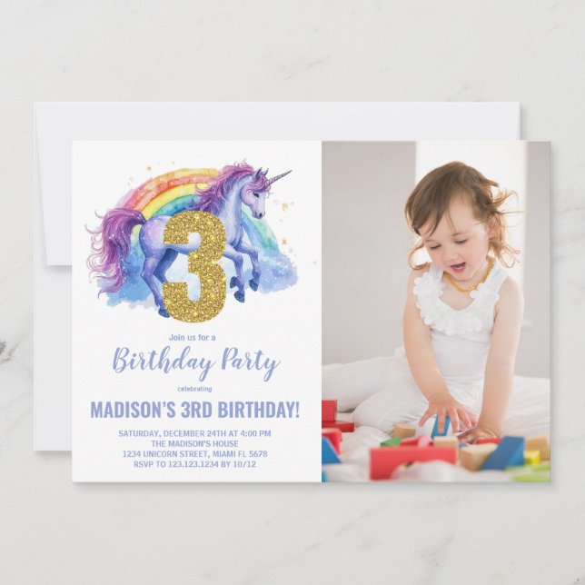 3rd Rainbow Unicorn Birthday Invitations photo (Front)
