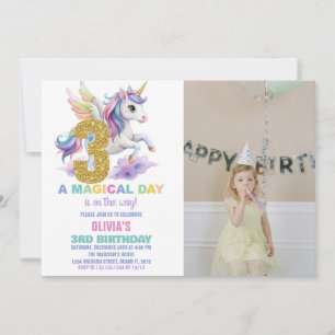 3rd Rainbow Unicorn Birthday Invitations w photo