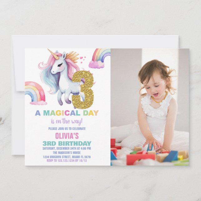 3rd Rainbow Unicorn Birthday Invitations w photo (Front)