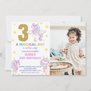 3rd Rainbow Unicorn Birthday Invitations w photo