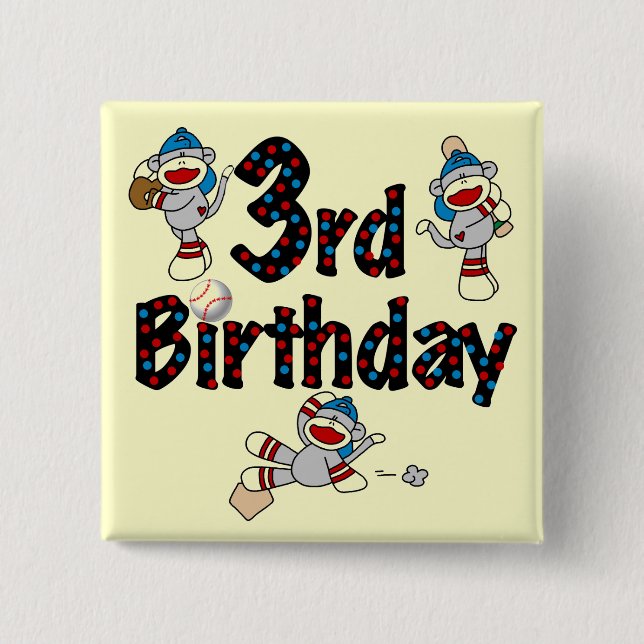 3rd Sock Monkey Baseball Birthday 15 Cm Square Badge (Front)