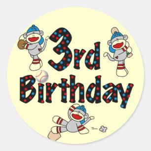 3rd Sock Monkey Baseball Birthday Classic Round Sticker
