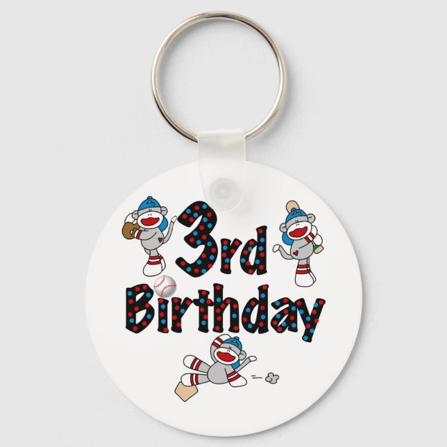 3rd Sock Monkey Baseball Birthday Key Ring (Front)