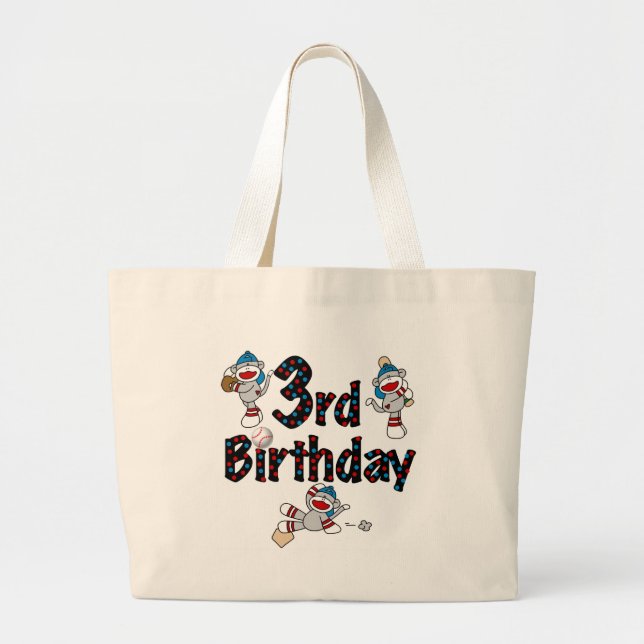 3rd Sock Monkey Baseball Birthday Large Tote Bag (Front)