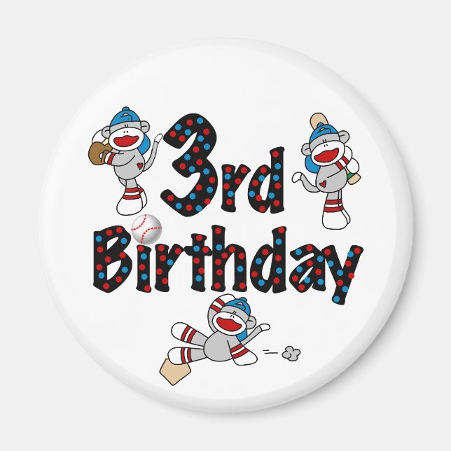 3rd Sock Monkey Baseball Birthday Magnet (Front)