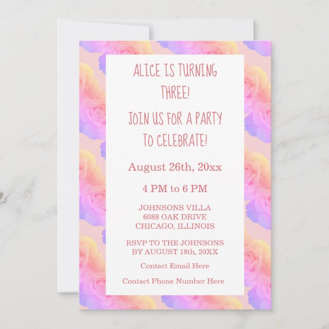 3rd Third Birthday Coral Pink Ombre Floral Rose Invitation (Front)