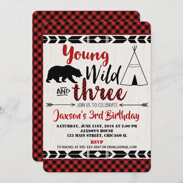 3rd third birthday invitation boy wild three bear (Front/Back)