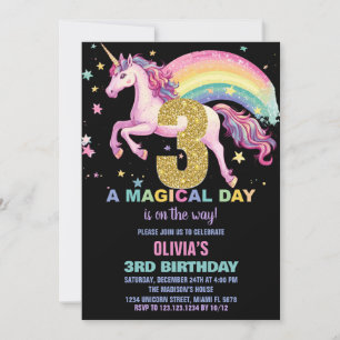 3rd Unicorn Birthday Invitations Black