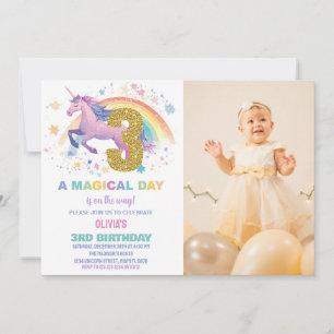 3rd Unicorn Birthday Invitations with photo