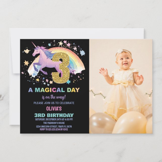 3rd Unicorn Birthday Invitations with photo (Front)