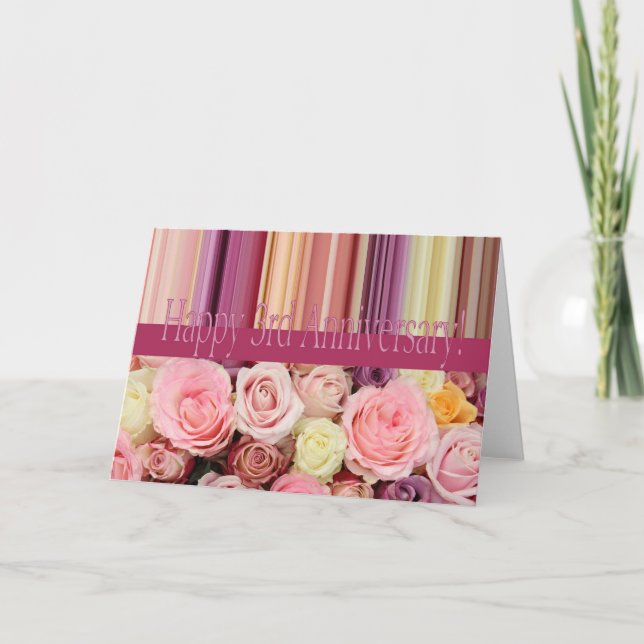 3rd Wedding Anniversary Card - Pastel roses stripe (Front)