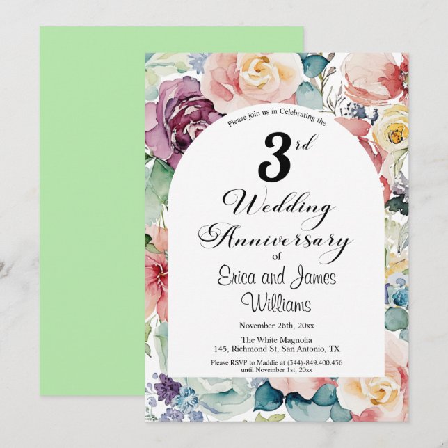 3rd Wedding Anniversary Elegant Script Floral Invitation (Front/Back)