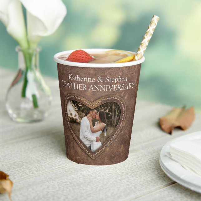 3rd Wedding anniversary heart photo leather Paper Cups (Insitu)