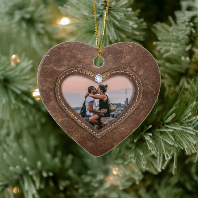 3rd Wedding Anniversary Leather heart photo Ceramic Tree Decoration (Tree)