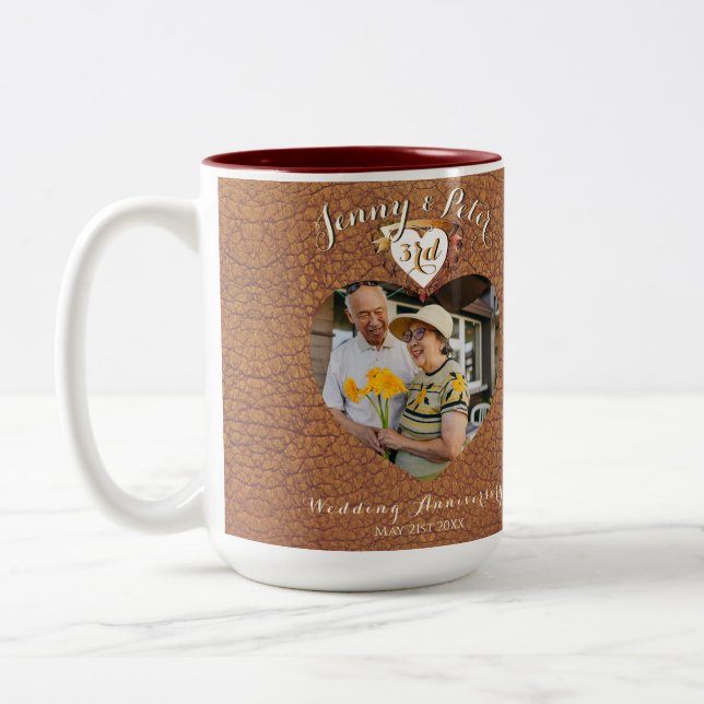 3rd Wedding Anniversary Photo Leather Heart Mug (Left)