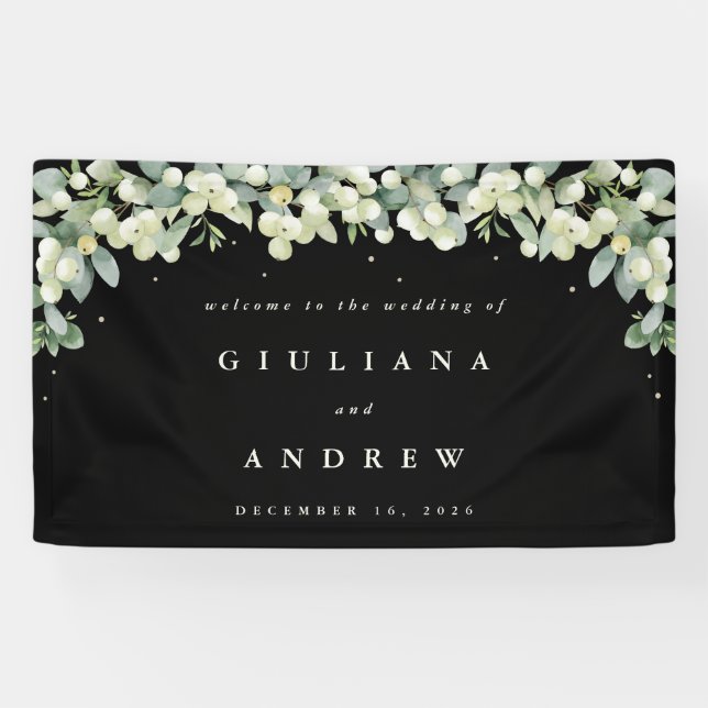 3'x5' Black Snowberry+Eucalyptus Wedding Welcome Banner (Horizontal)