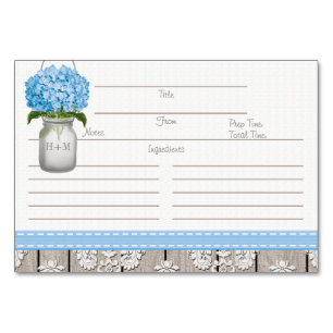3x5 Blue Hydrangea Mason Jar Recipe Cards