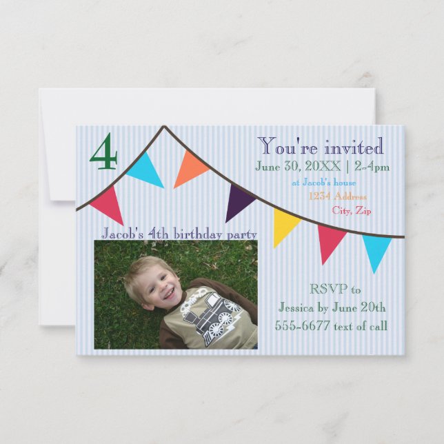 3x5 Boys Birthday Invitation Blue Striped Banner (Front)