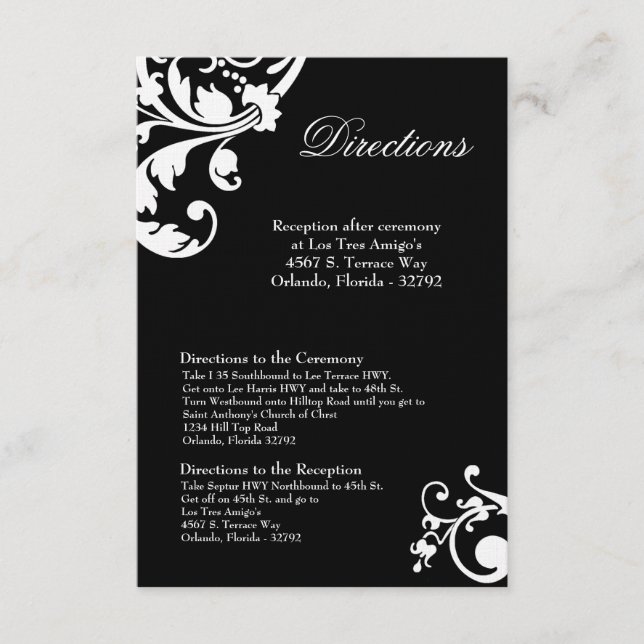 3x5 Directions Card Black White Floral Filigree (Front)