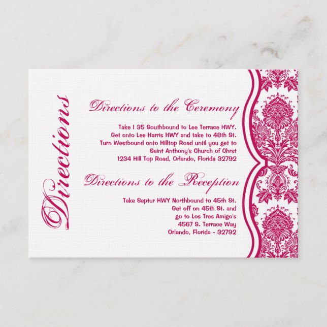 3x5 Directions Card Fusia White Damask Lace Print (Front)