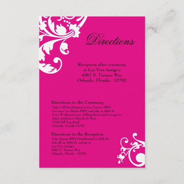 3x5 Directions Card Hot Pink White Floral Filigree (Front)