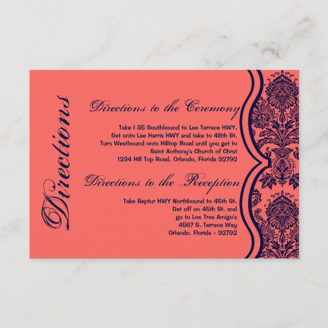 3x5 Directions Card Navy Blue Coral Damask Lace (Front)