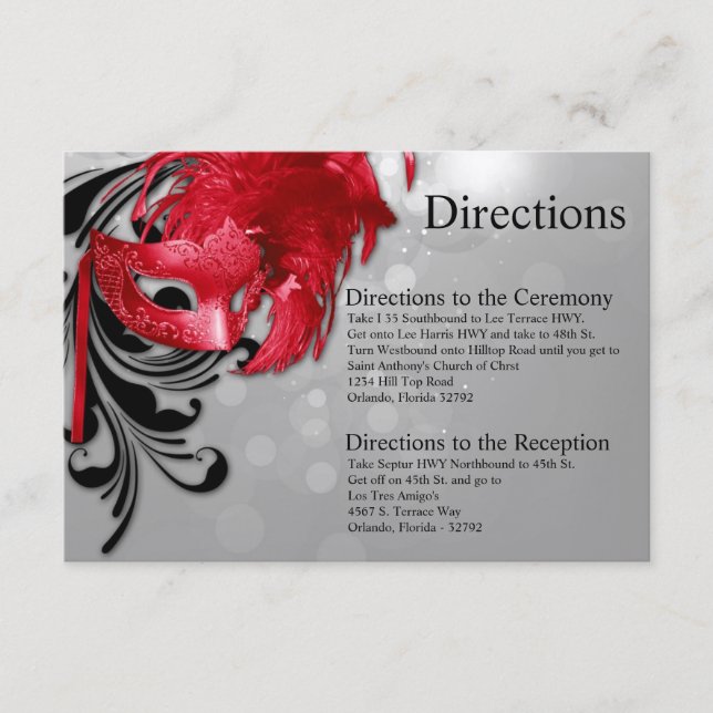 3x5 Directions Card Red on Silver Masquerade Mask (Front)