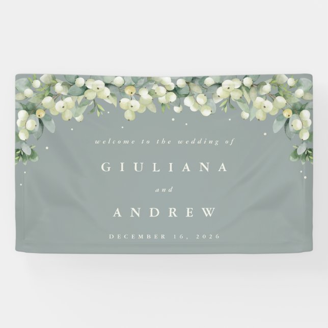 3'x5' Green Snowberry+Eucalyptus Wedding Welcome B Banner (Horizontal)