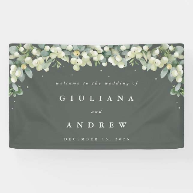 3'x5' Green Snowberry+Eucalyptus Wedding Welcome Banner (Horizontal)