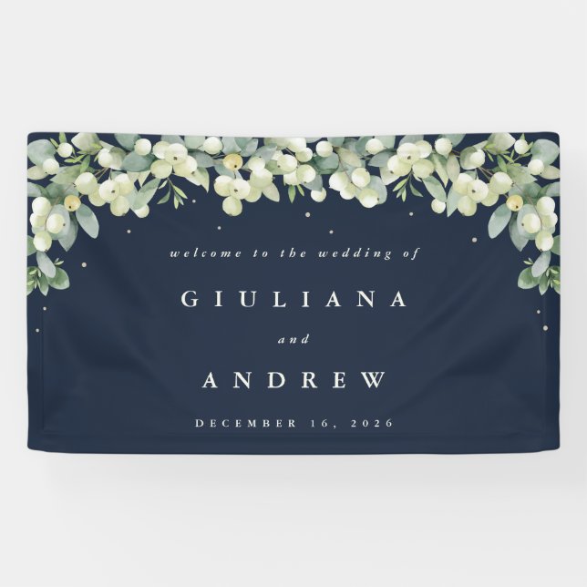 3'x5' Navy Snowberry+Eucalyptus Wedding Welcome Banner (Horizontal)