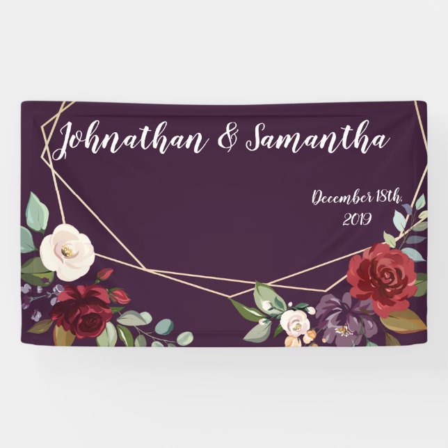3'x5' Personalised Banner Plum Purple Roses Gold G (Horizontal)