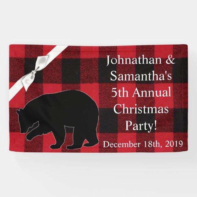 3'x5' Personalised Banner Red Plaid Black Bear (Horizontal)