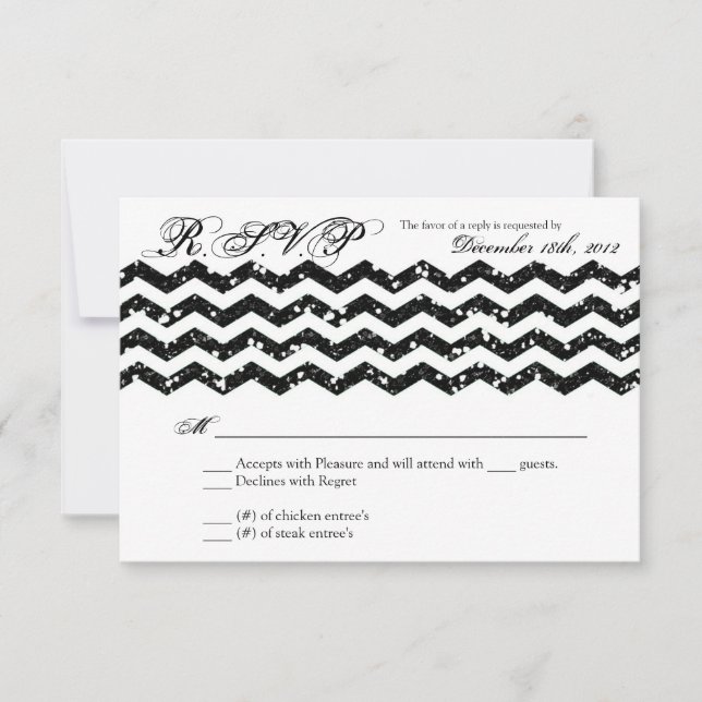 3x5 R.S.V.P. Reply Card Blac Glitter Chevron Strip (Front)