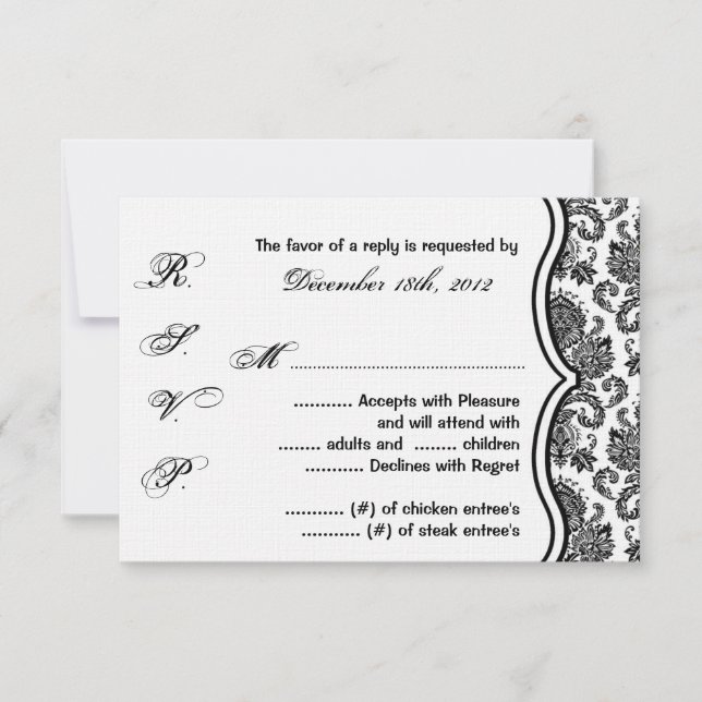 3x5 R.S.V.P. Reply Card Black White Damask Lace (Front)