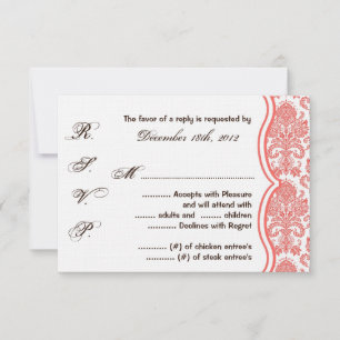 3x5 R.S.V.P. Reply Card Coral White Damask Lace