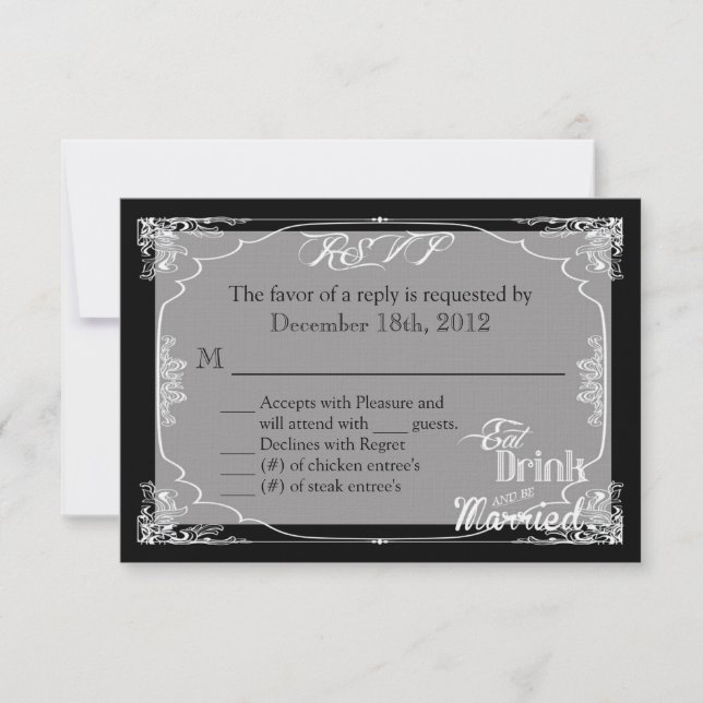 3x5 R.S.V.P. Reply Card Eat Drink Be Married Black (Front)