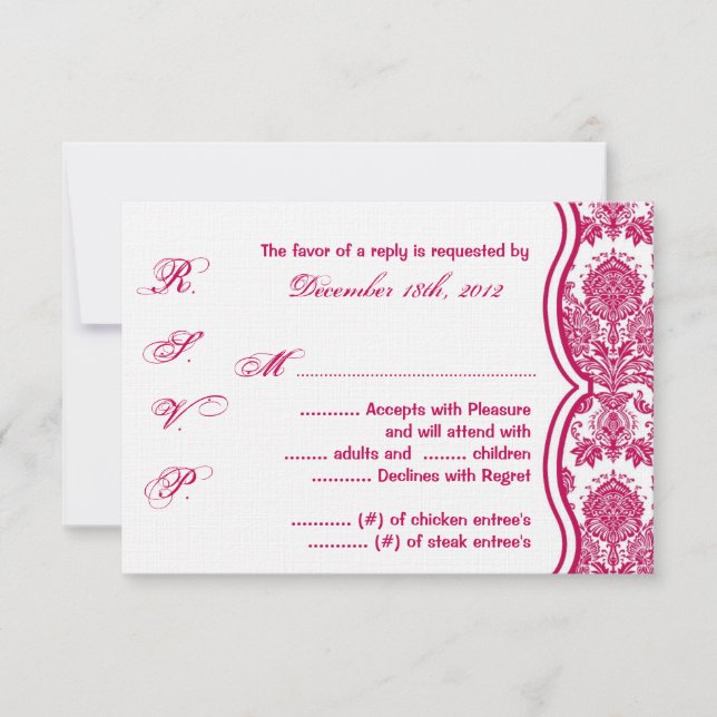 3x5 R.S.V.P. Reply Card Fusia White Damask Lace (Front)